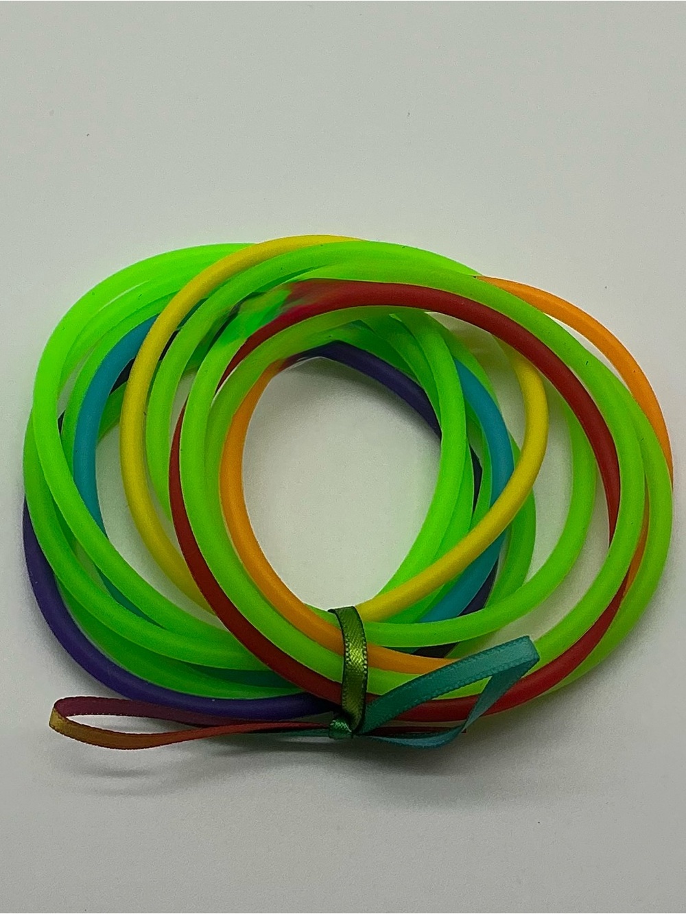 Set of 12 Neon Green and Rainbow Colored Jelly Bracelets